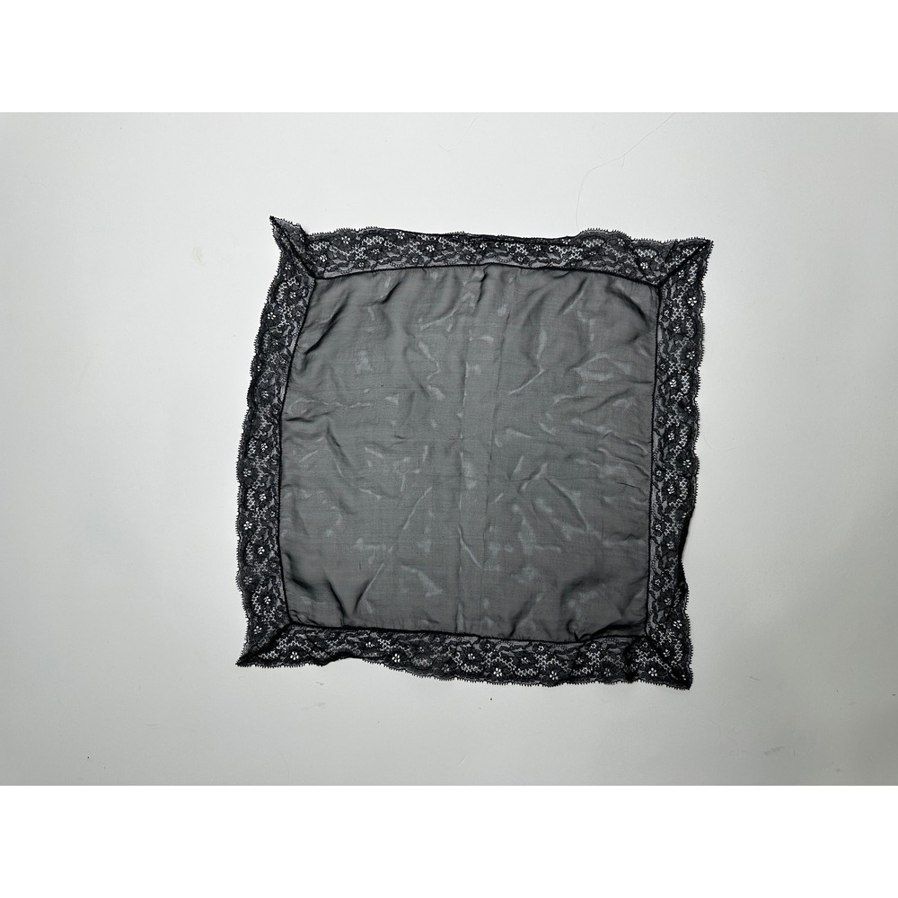 Vintage 1960s Black Lace Handkerchief Sheer Floral Border Square 15.5in